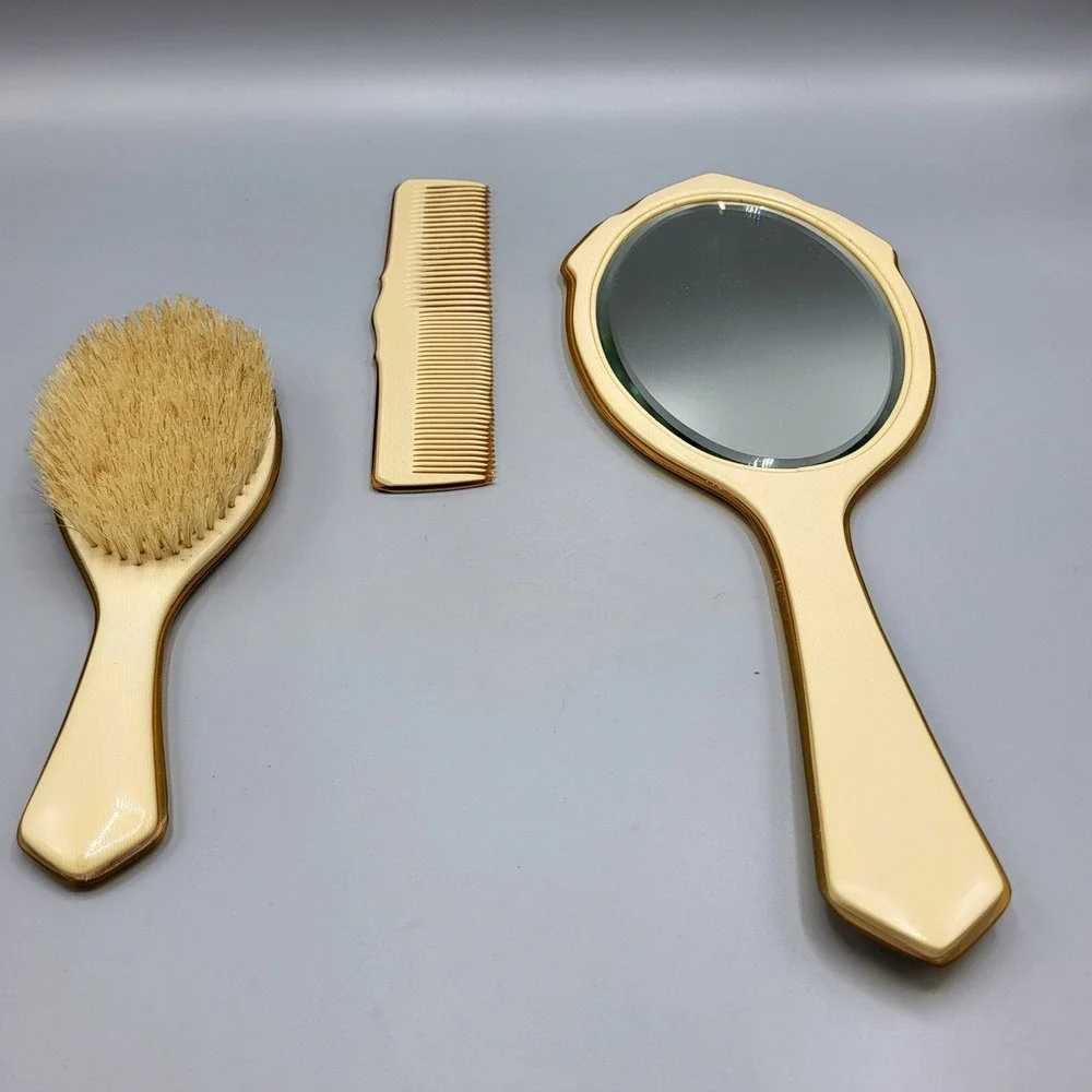 Vintage Celluloid Dresser Vanity Set 3pc Cream Mirror Brush Comb with Case